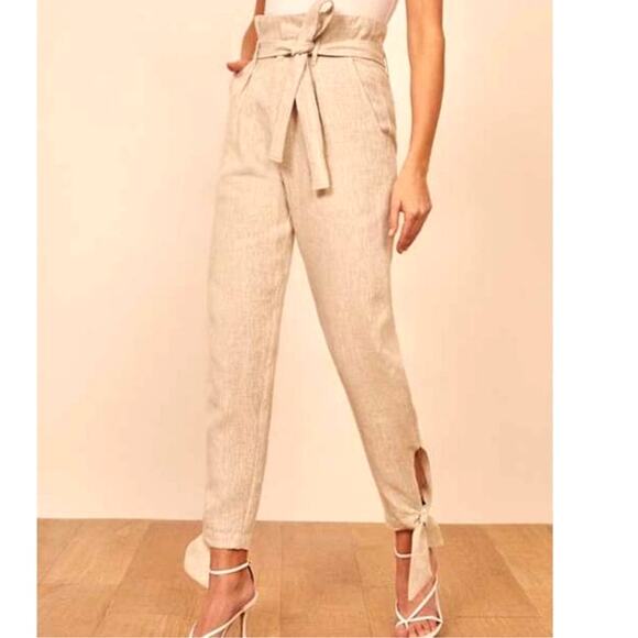 Reformation Norman pant Cream color Belted Paperbag Tie Ankle Pant sz 6 - Picture 2 of 12